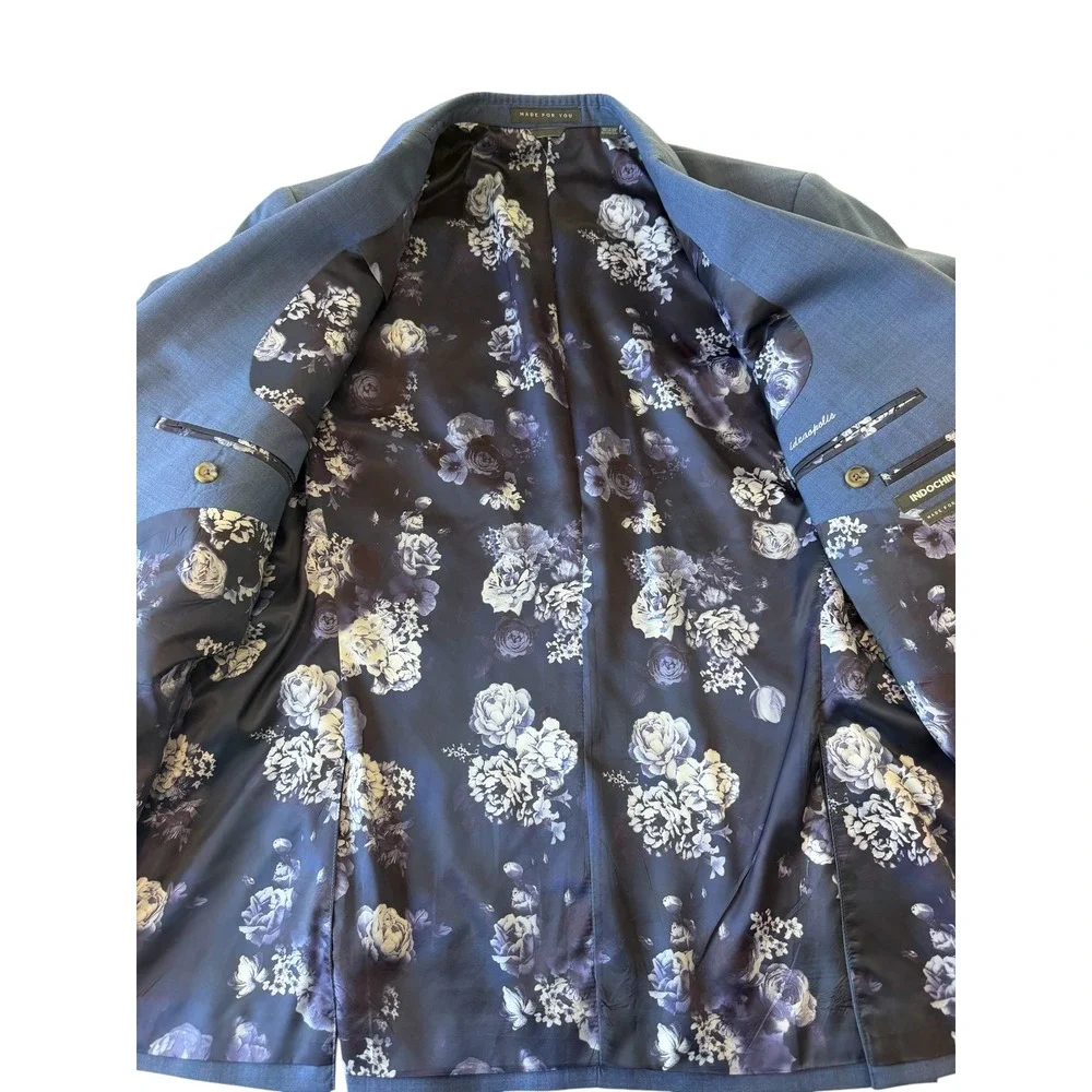 Indochino Mens Hemsworth Blue Blazer Jacket Custom Floral Lining‎ 100% Wool